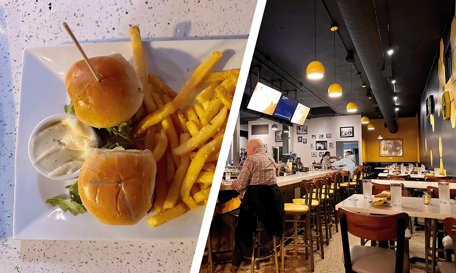 two images with burger sliders and inside of restaurant with bar and tables